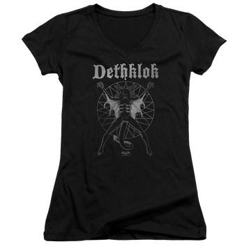 Black juniors v-neck t-shirt with Metalocalypse Sigil graphic