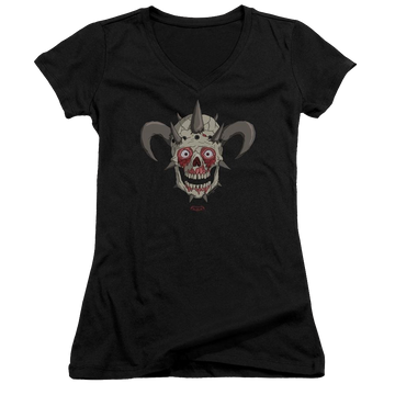 Black juniors v-neck t-shirt with Metalocalypse Facebones graphic