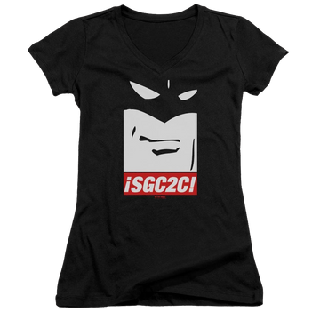 Black juniors v-neck t-shirt with Space Ghost Sgc2C graphic
