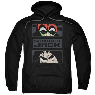 Black pullover hoodie with Samurai Jack Stare Down graphic