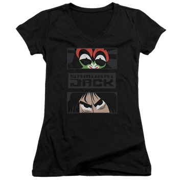 Black juniors v-neck t-shirt with Samurai Jack Stare Down graphic