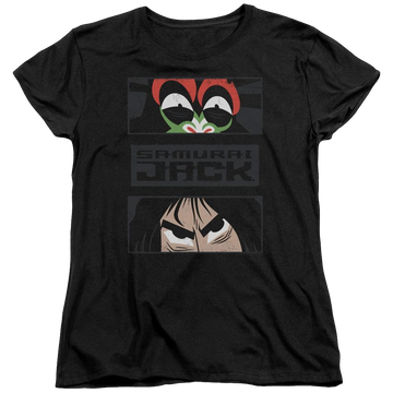 Black women's t-shirt with Samurai Jack Stare Down graphic