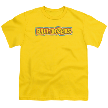 Yellow youth t-shirt for ages 8 to 12 with Dubble Bubble Balldozers graphic
