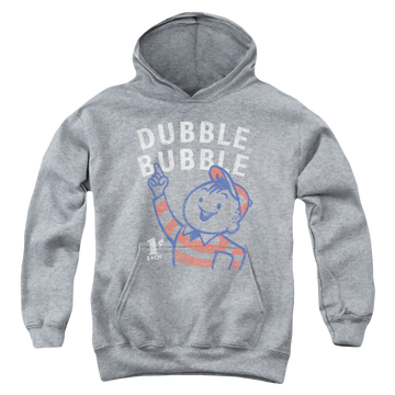 Athletic heather youth hoodie for ages 8 to 12 with Dubble Bubble Pointing graphic