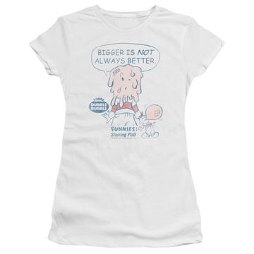 White juniors t-shirt with Dubble Bubble Bigger graphic