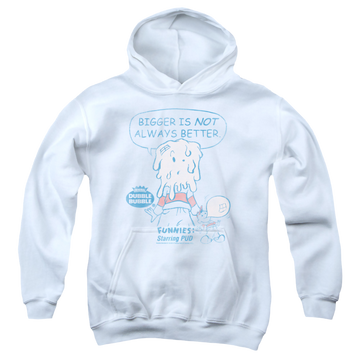 White youth hoodie for ages 8 to 12 with Dubble Bubble Bigger graphic