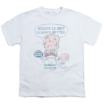 White youth t-shirt for ages 8 to 12 with Dubble Bubble Bigger graphic