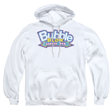 White pullover hoodie with Dubble Bubble Bubble Blox graphic