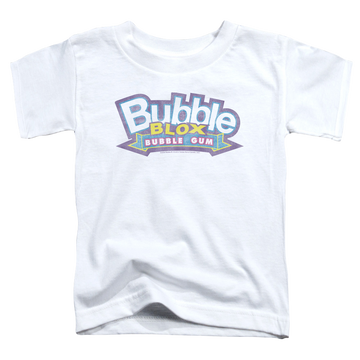 White kid's t-shirt for ages 4 to 7 with Dubble Bubble Bubble Blox graphic