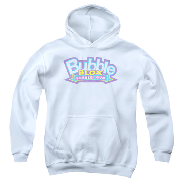 White youth hoodie for ages 8 to 12 with Dubble Bubble Bubble Blox graphic