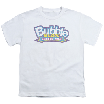 White youth t-shirt for ages 8 to 12 with Dubble Bubble Bubble Blox graphic
