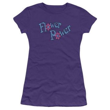 Purple juniors t-shirt with Dubble Bubble Flower Power graphic