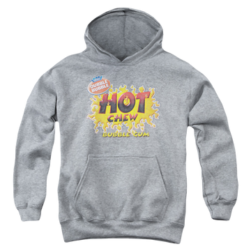 Athletic heather youth hoodie for ages 8 to 12 with Dubble Bubble Hot Chew graphic