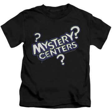 Black kid's t-shirt for ages 4 to 7 with Dubble Bubble Mystery Centers graphic