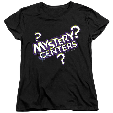Black women's t-shirt with Dubble Bubble Mystery Centers graphic