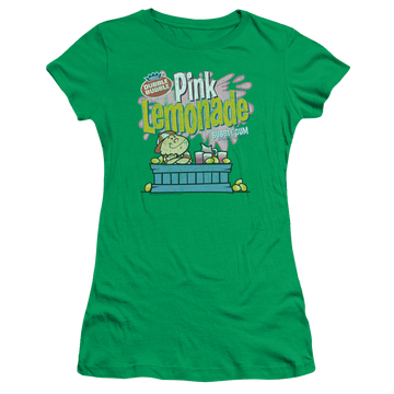 Kelly green juniors t-shirt with Dubble Bubble Pink Lemonade graphic