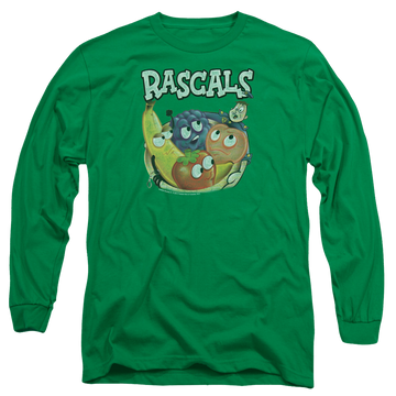 Kelly green men's long sleeve t-shirt with Dubble Bubble Rascals graphic
