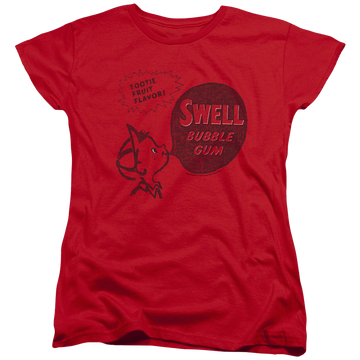 Red women's t-shirt with Dubble Bubble Swell Gum graphic