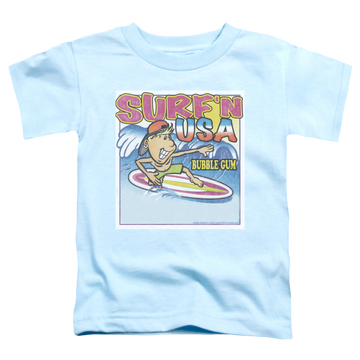 Light blue kid's t-shirt for ages 4 to 7 with Dubble Bubble Surfn Usa Gum graphic