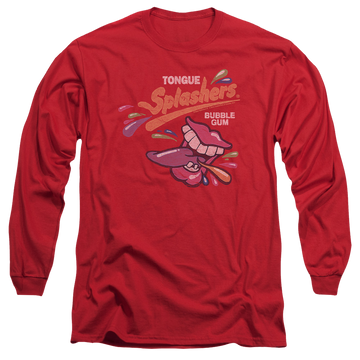 Red men's long sleeve t-shirt with Dubble Bubble Distress Logo graphic