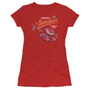 Red juniors t-shirt with Dubble Bubble Distress Logo graphic