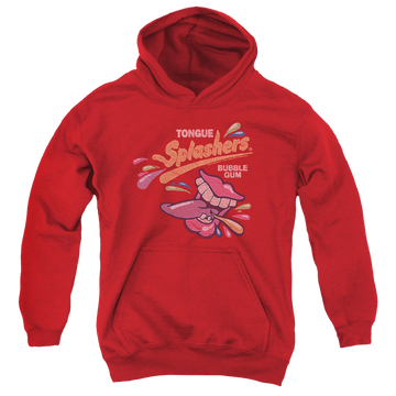 Red youth hoodie for ages 8 to 12 with Dubble Bubble Distress Logo graphic