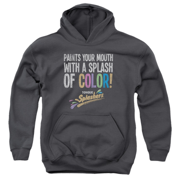 Charcoal youth hoodie for ages 8 to 12 with Dubble Bubble Paints Your Mouth graphic