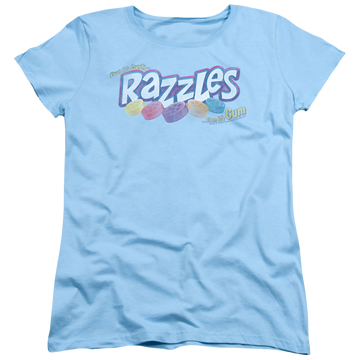 Light blue women's t-shirt with Dubble Bubble Distressed Logo graphic