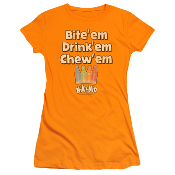Orange juniors t-shirt with Dubble Bubble Bite Drink Chew graphic