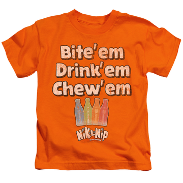 Orange kid's t-shirt for ages 4 to 7 with Dubble Bubble Bite Drink Chew graphic