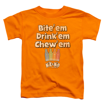 Orange toddler t-shirt with Dubble Bubble Bite Drink Chew graphic