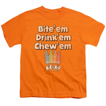 Orange youth t-shirt for ages 8 to 12 with Dubble Bubble Bite Drink Chew graphic