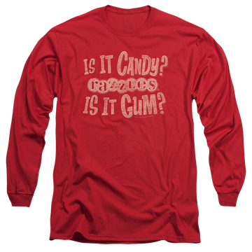 Red men's long sleeve t-shirt with Dubble Bubble What Is This graphic