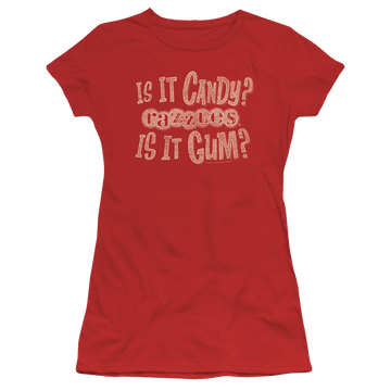 Red juniors t-shirt with Dubble Bubble What Is This graphic