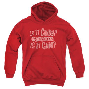 Red youth hoodie for ages 8 to 12 with Dubble Bubble What Is This graphic