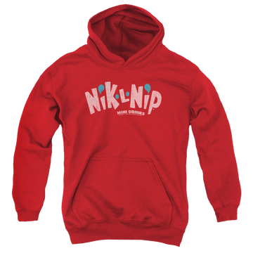 Red youth hoodie for ages 8 to 12 with Dubble Bubble Distressed Logo graphic