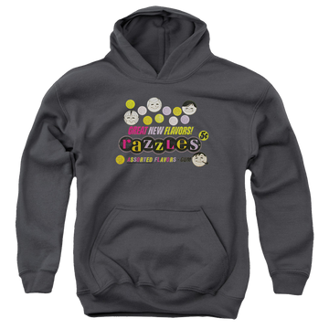 Charcoal youth hoodie for ages 8 to 12 with Dubble Bubble Razzles Retro Box graphic