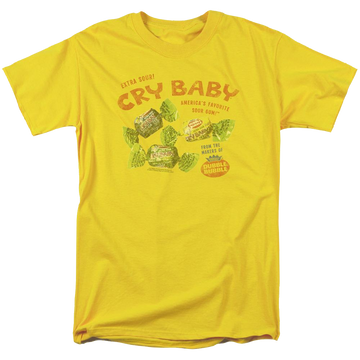 Yellow men's regular fit t-shirt with Dubble Bubble Cry Babies Vintage Ad graphic