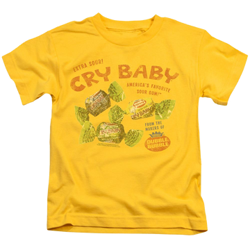 Yellow kid's t-shirt for ages 4 to 7 with Dubble Bubble Cry Babies Vintage Ad graphic