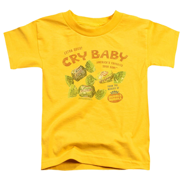 Yellow toddler t-shirt with Dubble Bubble Cry Babies Vintage Ad graphic