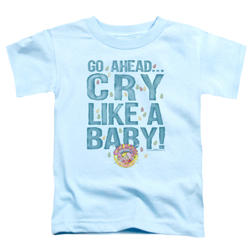 Light blue kid's t-shirt for ages 4 to 7 with Dubble Bubble Cry Like A Baby graphic