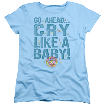 Light blue women's t-shirt with Dubble Bubble Cry Like A Baby graphic