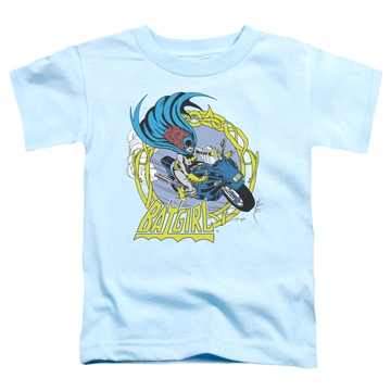 Light blue toddler t-shirt with Batman Batgirl Motorcycle graphic