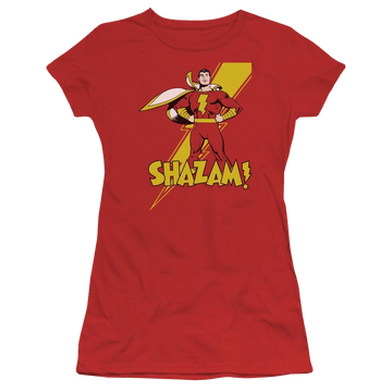 Red juniors t-shirt with DC Comics Shazam! graphic