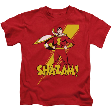 Red kid's t-shirt for ages 4 to 7 with Shazam graphic