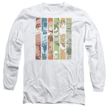 White men's long sleeve t-shirt with DC Comics Justice League Columns graphic