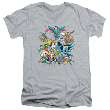 Athletic heather men's v-neck t-shirt with DC Comics Justice League Assemble graphic