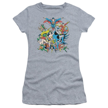 Athletic heather juniors t-shirt with DC Comics Justice League Assemble graphic