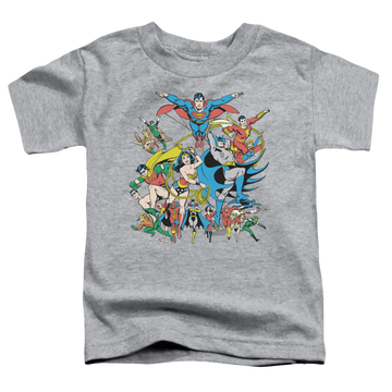 Athletic heather toddler t-shirt with Justice League Assemble graphic