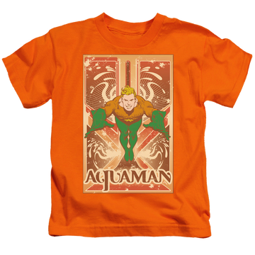 Orange kid's t-shirt for ages 4 to 7 with Aquaman graphic